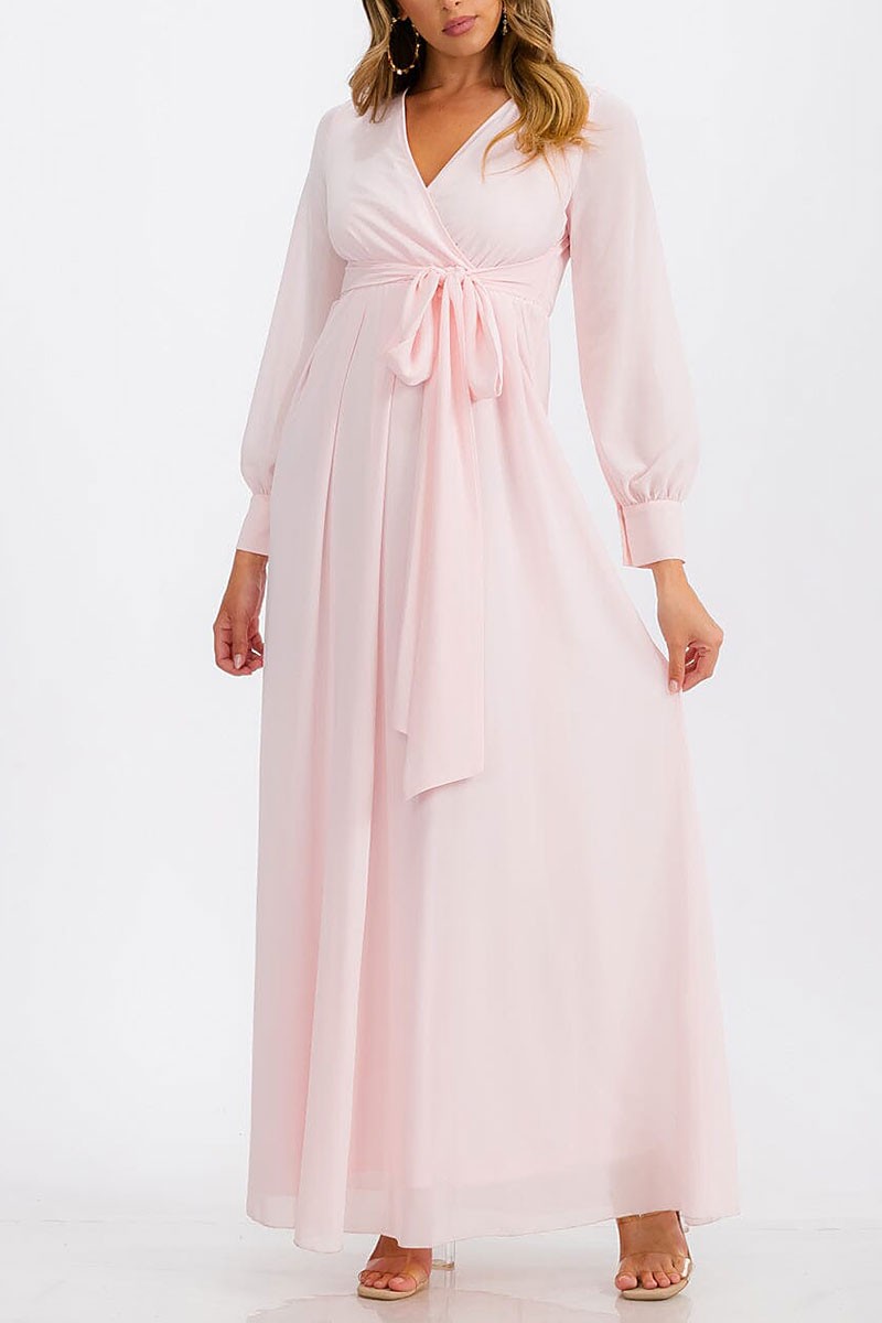 Long sleeve surplice self tie maxi dress (RVWT6752)