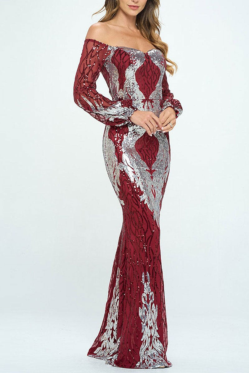 Off shoulder bodycon sequins maxi dress (RVWT6757)