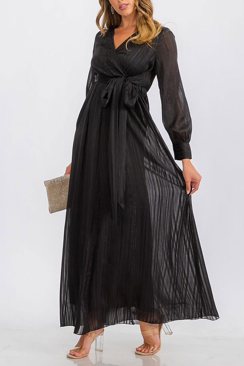 Long sleeve surplice self tie shimmer maxi dress (RVWT6760)