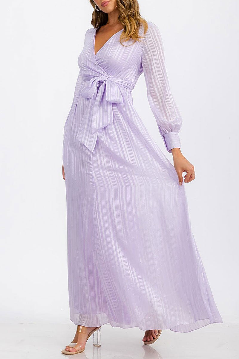 Long sleeve surplice self tie shimmer maxi dress (RVWT6760)