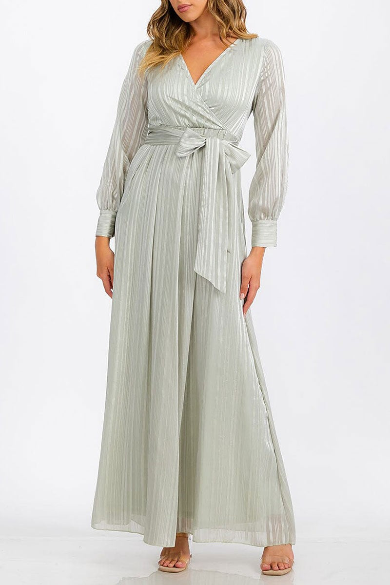 Long sleeve surplice self tie shimmer maxi dress (RVWT6760)