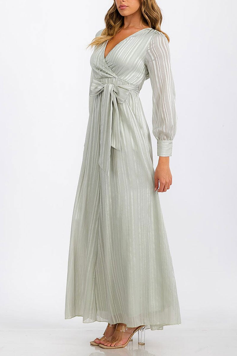 Long sleeve surplice self tie shimmer maxi dress (RVWT6760)