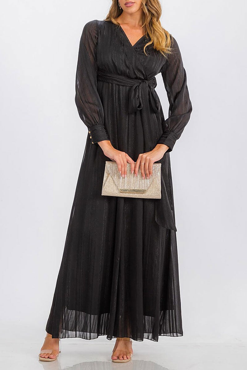 Long sleeve surplice self tie shimmer maxi dress (RVWT6760)