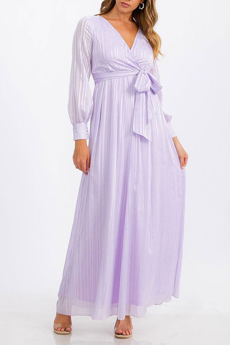 Long sleeve surplice self tie shimmer maxi dress (RVWT6760)