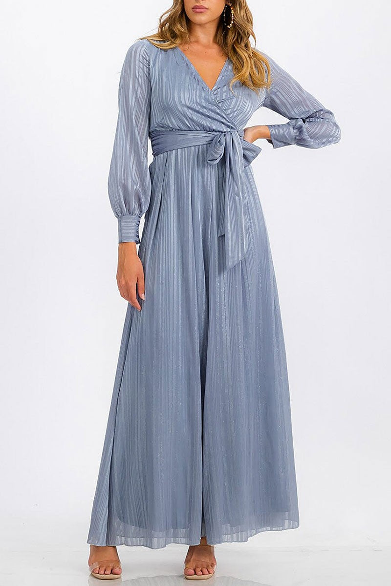 Long sleeve surplice self tie shimmer maxi dress (RVWT6760)