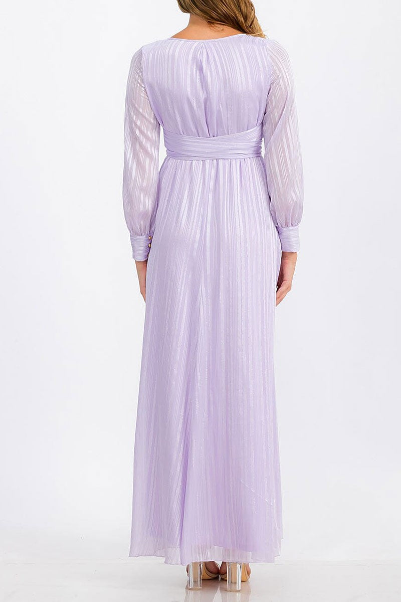 Long sleeve surplice self tie shimmer maxi dress (RVWT6760)