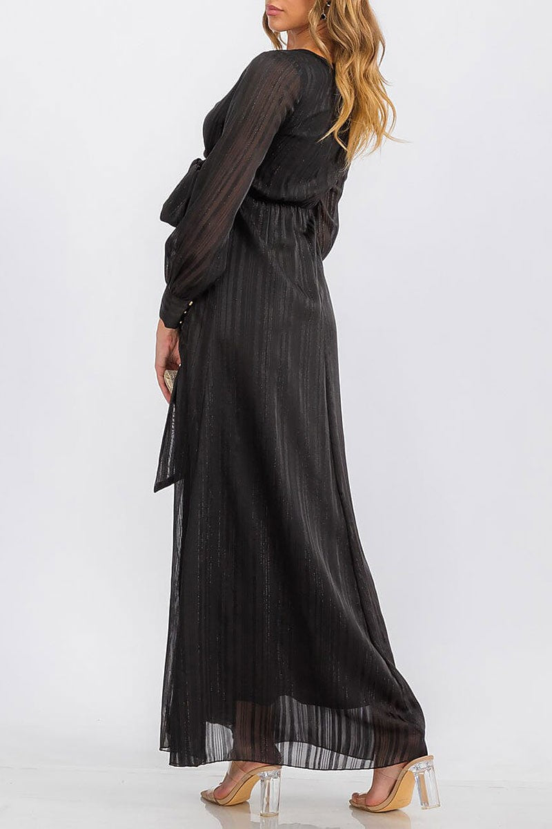 Long sleeve surplice self tie shimmer maxi dress (RVWT6760)