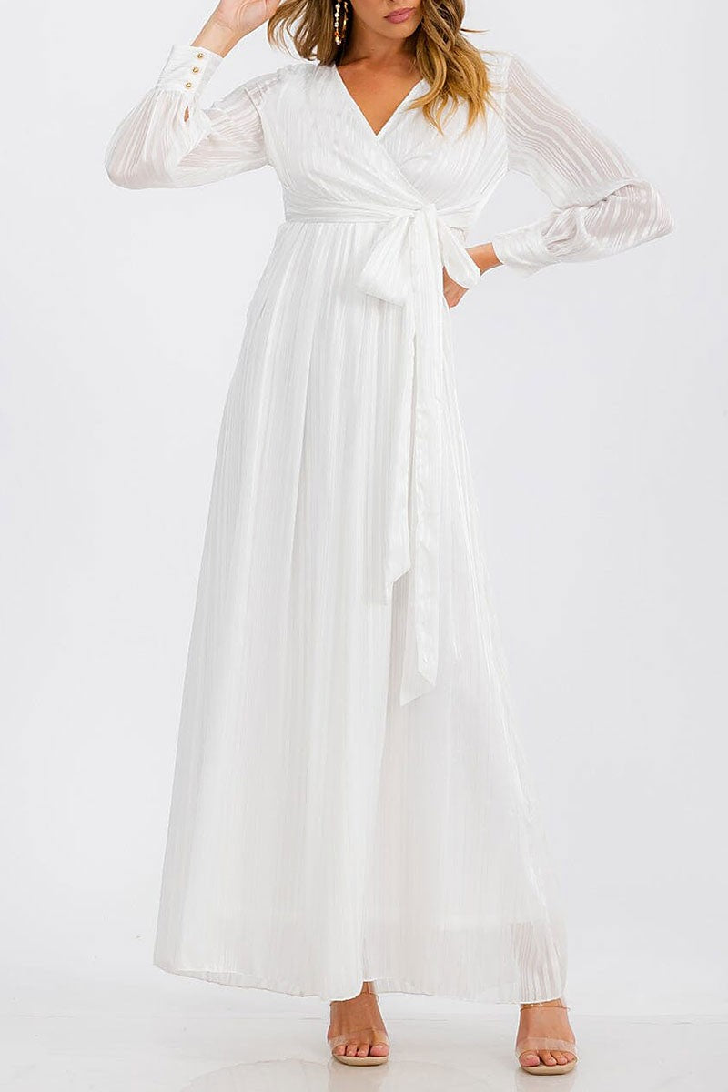 Long sleeve surplice self tie shimmer maxi dress (RVWT6760)