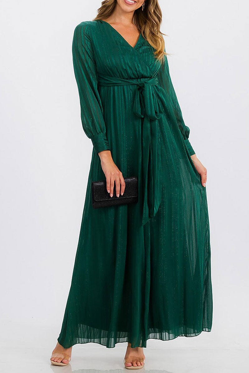 Long sleeve surplice self tie shimmer maxi dress (RVWT6760)