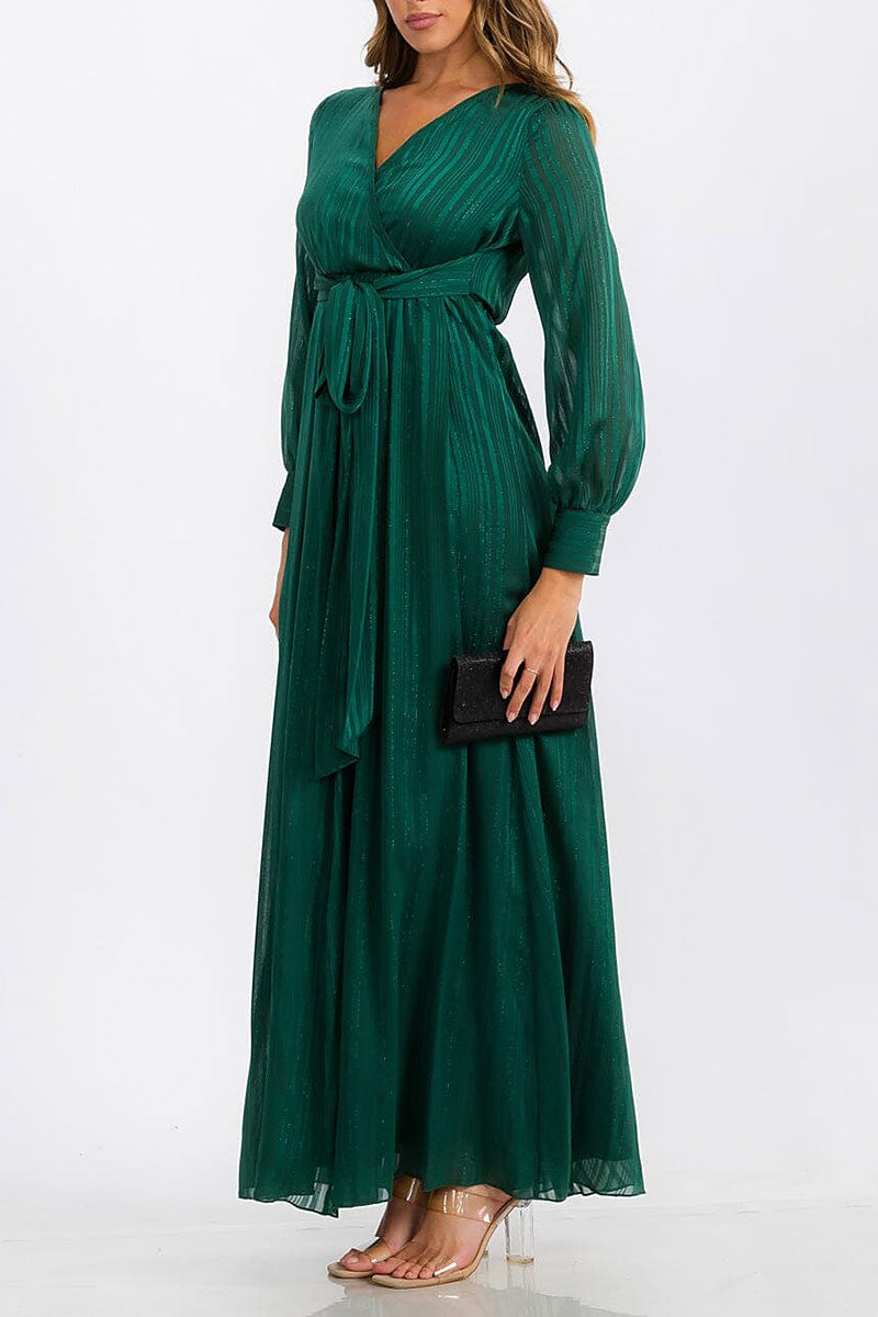 Long sleeve surplice self tie shimmer maxi dress (RVWT6760)