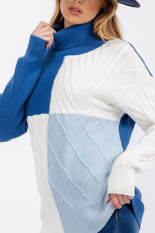 Turtle neck detailed colorblock pullover sweater (RVWT6803)