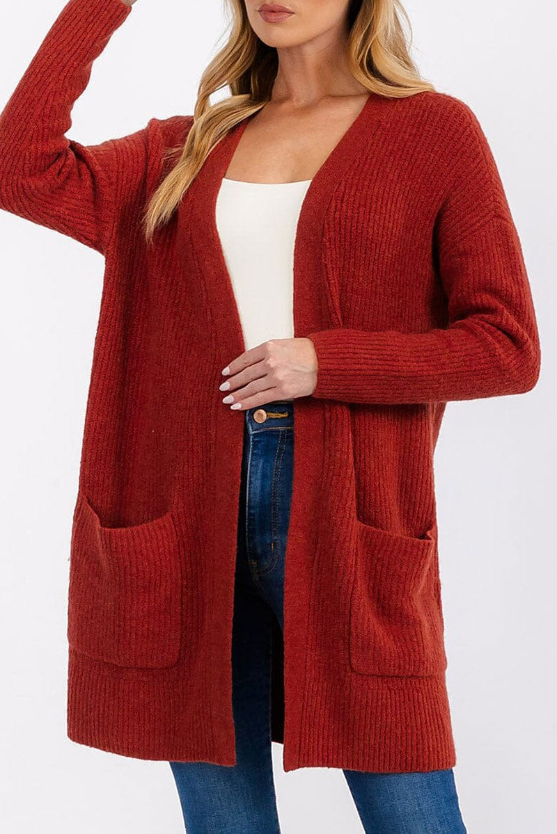 Long sleeve open front pockets cardigan (RVWT6804)