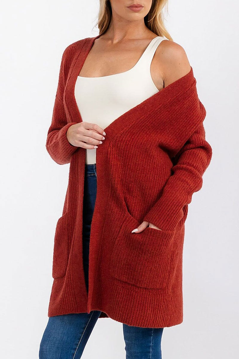 Long sleeve open front pockets cardigan (RVWT6804)