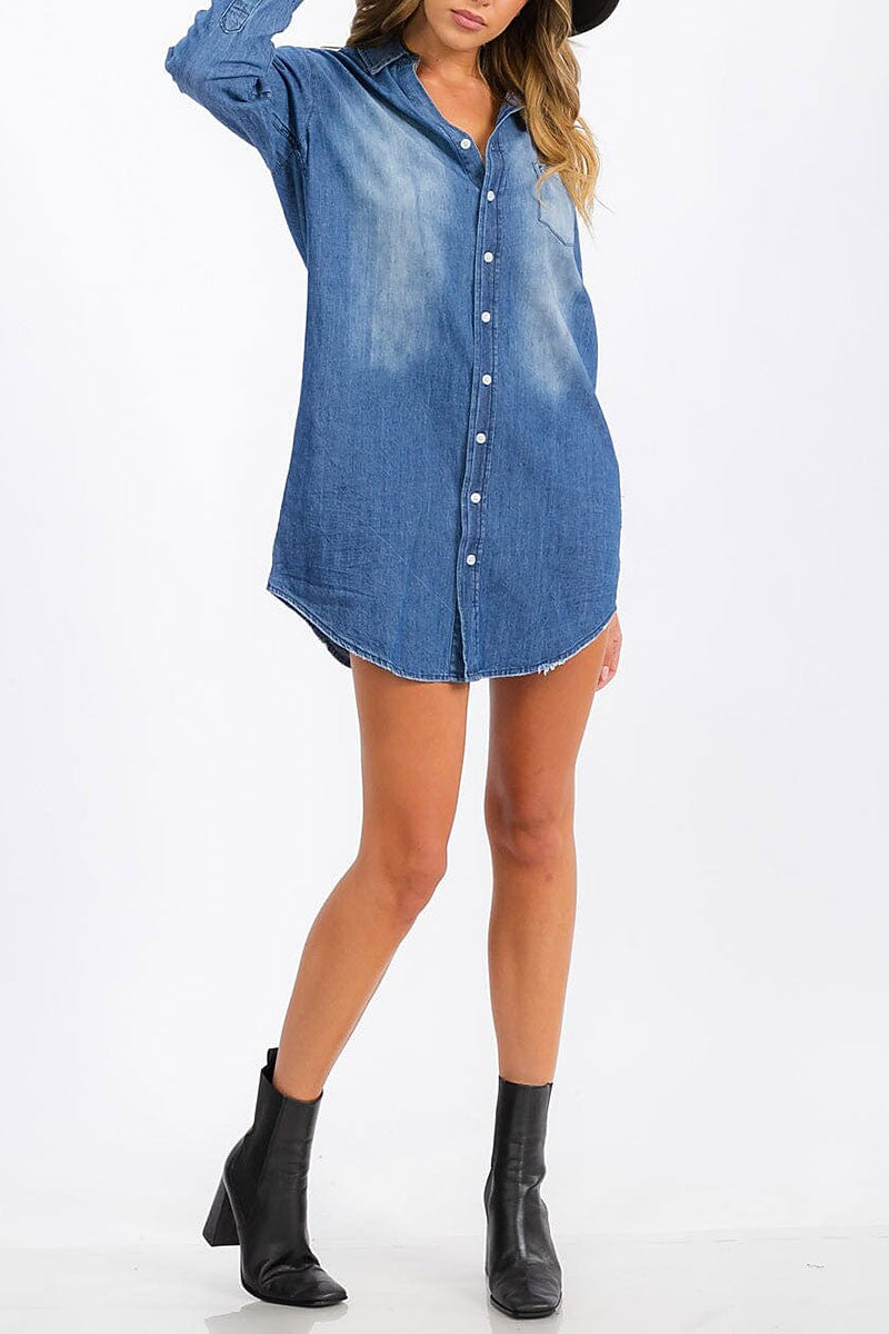 Button up pockets denim washed mini dress (RVWT6847)