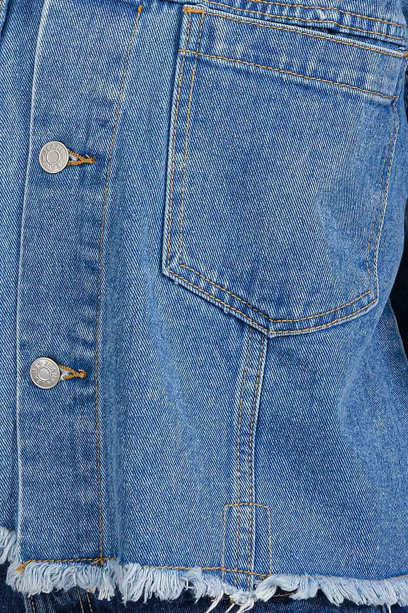 Button up front pocket raw edge denim jacket (RVWT6851)