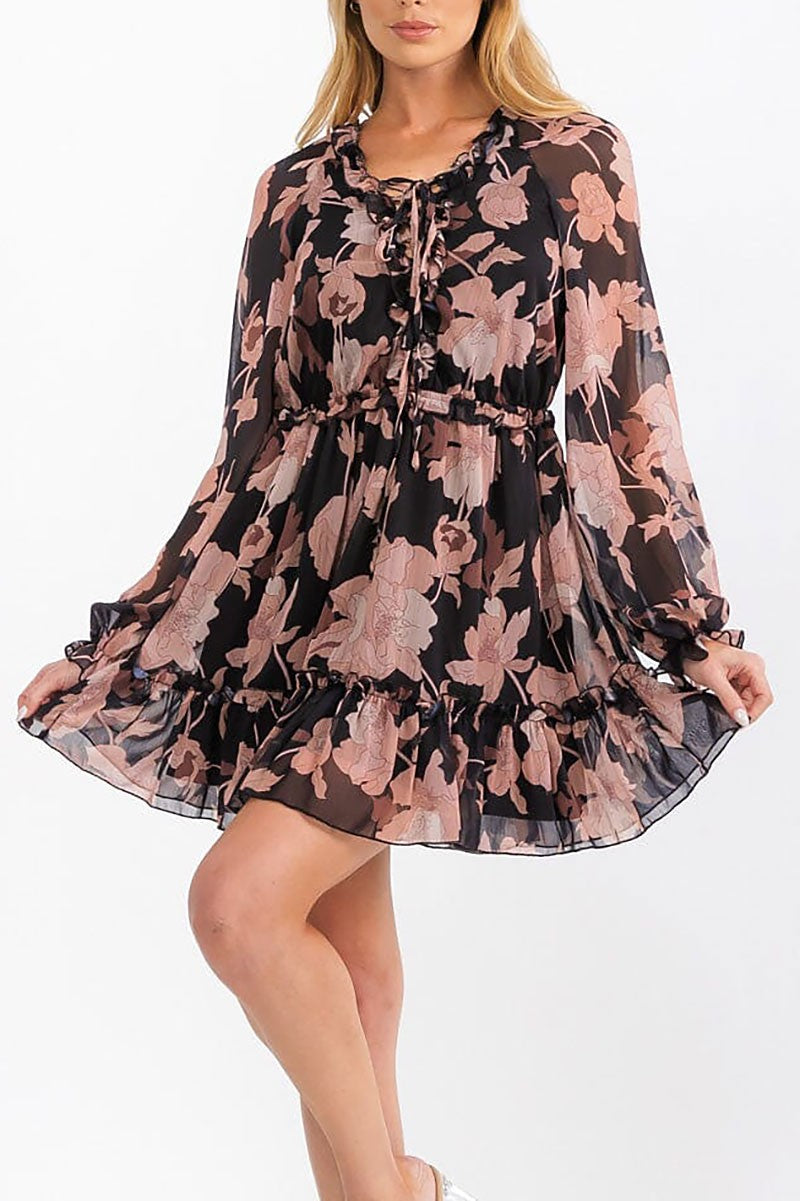 Long sleeve elastic waist floral mini dress (RVWT6889)