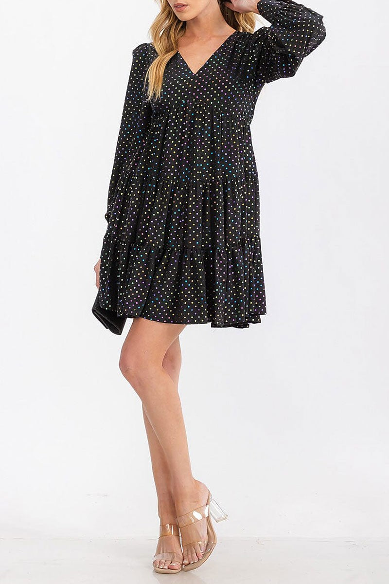 Tiered multi polka dots print tunic mini dress (RVWT6893)