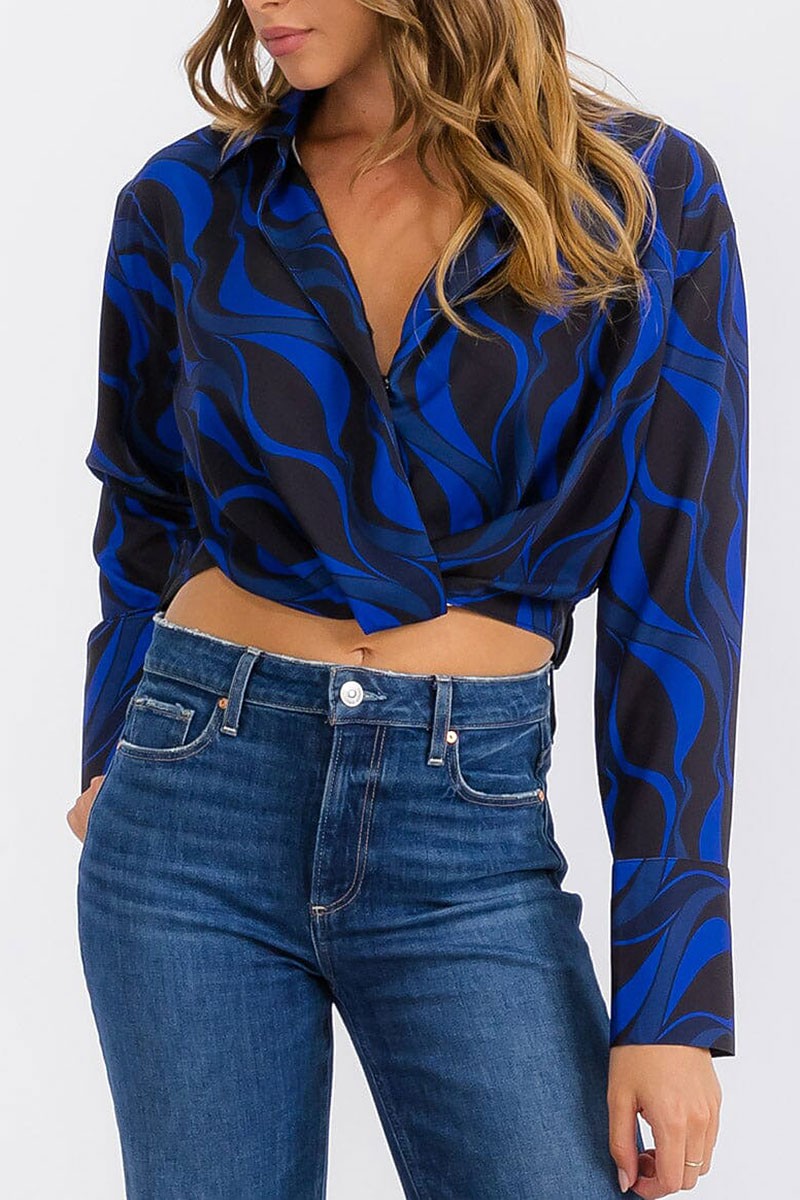 Long sleeve button closure printed wrap crop top (RVWT6895)