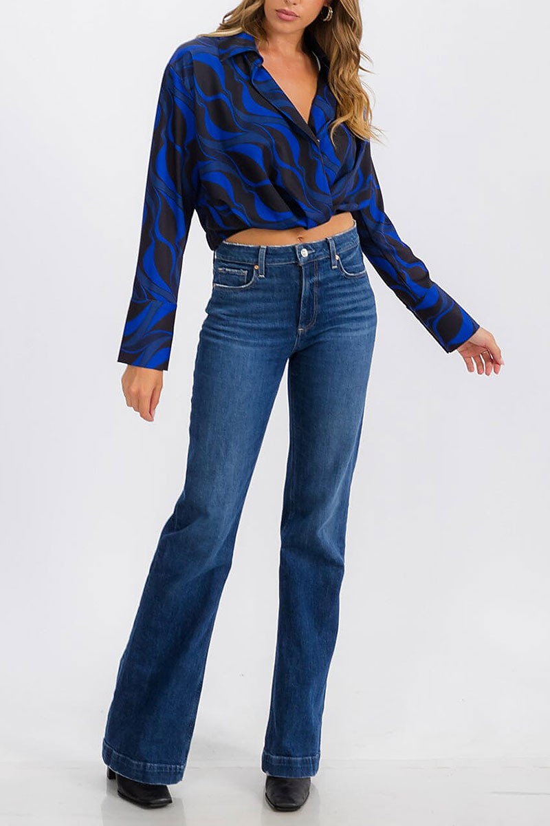 Long sleeve button closure printed wrap crop top (RVWT6895)