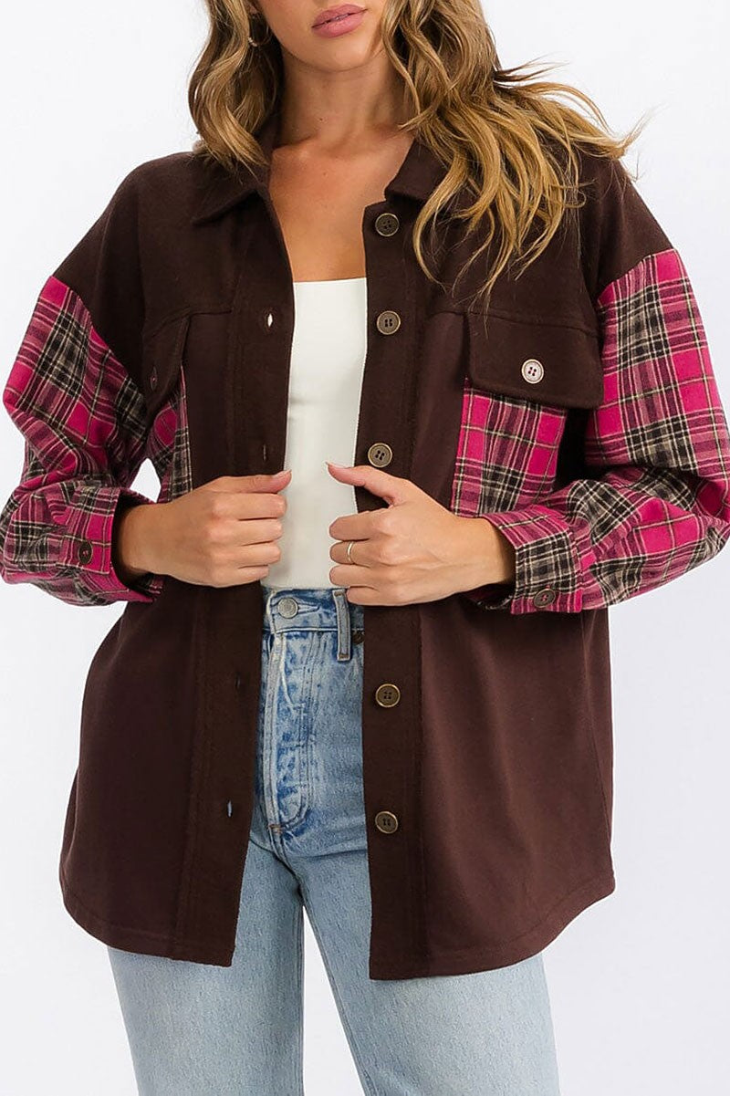 Button up front pockets plaid contrast shirt top (RVWT6897)