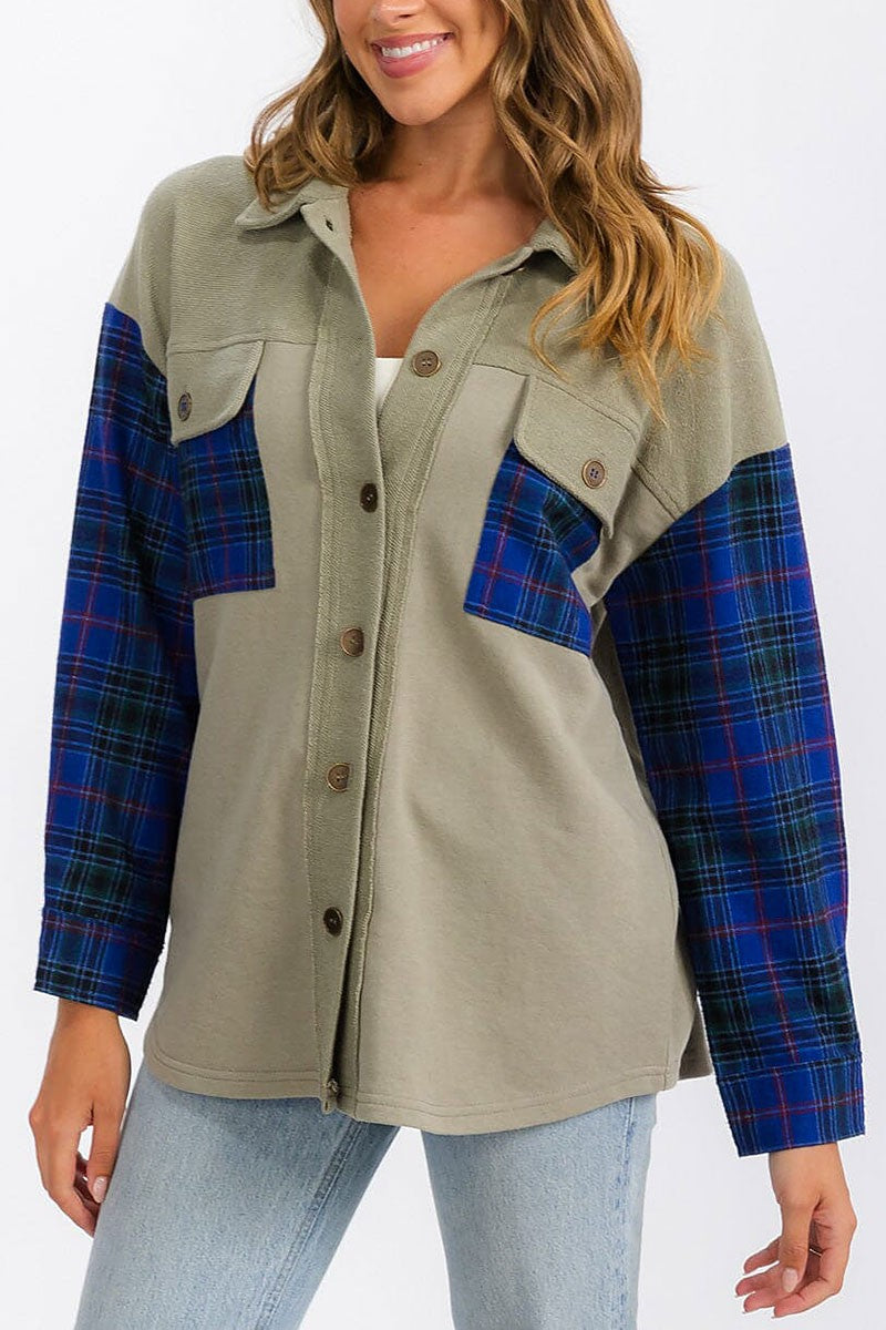 Button up front pockets plaid contrast shirt top (RVWT6897)