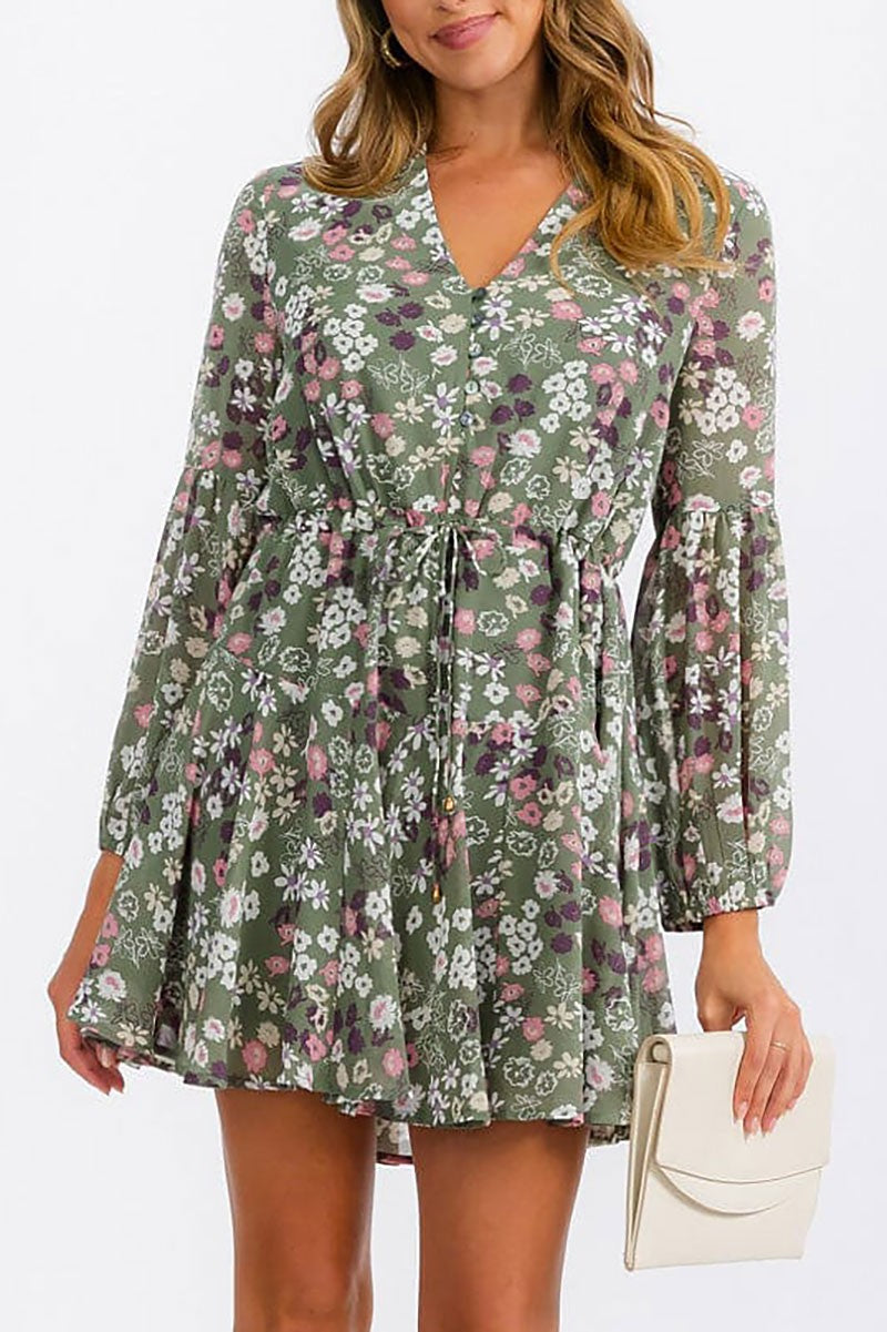 Long sleeve button up self tie floral mini dress (RVWT6903)