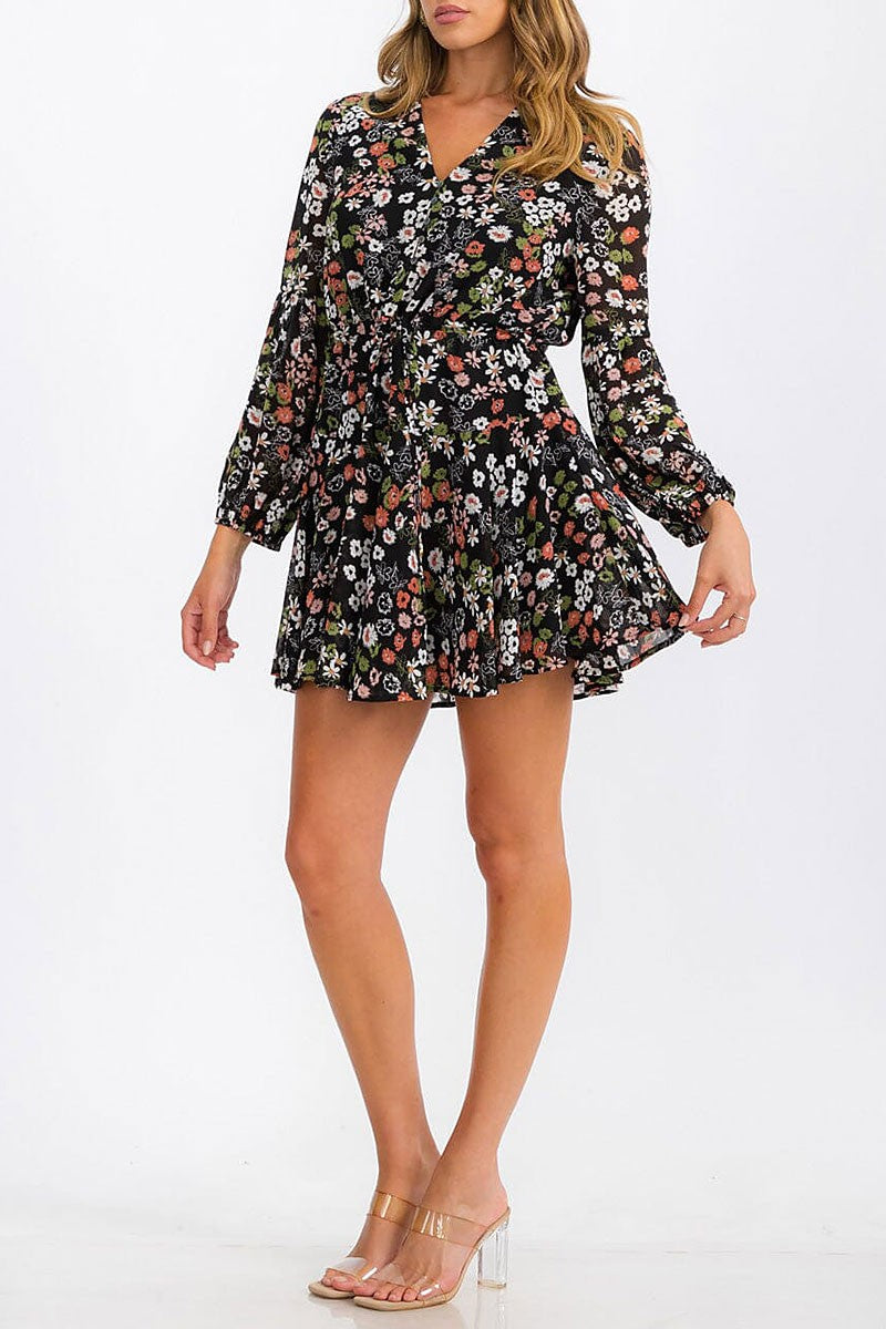 Long sleeve button up self tie floral mini dress (RVWT6903)