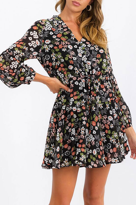 Long sleeve button up self tie floral mini dress (RVWT6903)