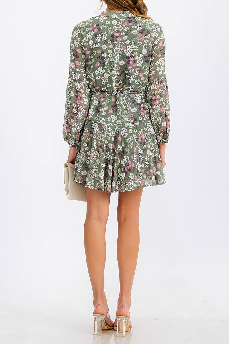 Long sleeve button up self tie floral mini dress (RVWT6903)