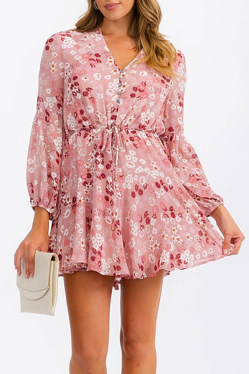 Long sleeve button up self tie floral mini dress (RVWT6903)