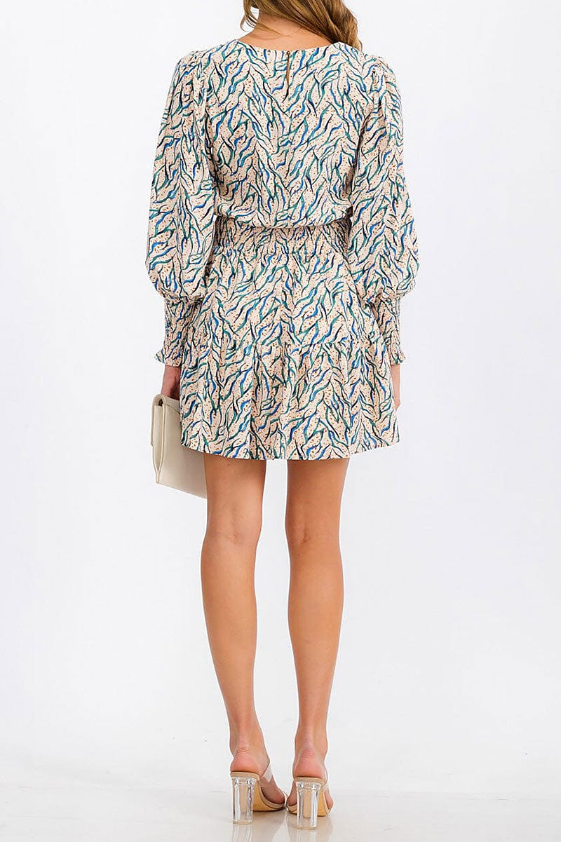 Long sleeve smock waist multi print mini dress (RVWT6902)