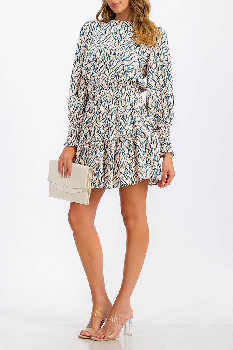 Long sleeve smock waist multi print mini dress (RVWT6902)