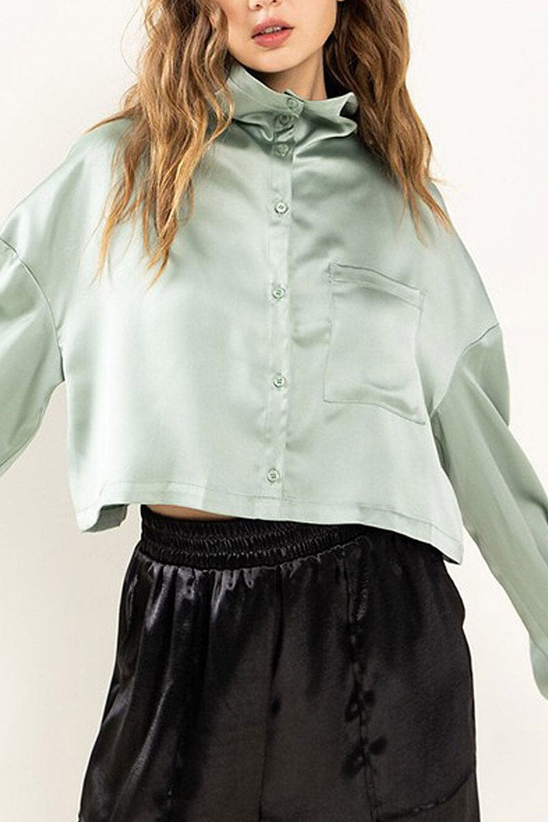 Long sleeve button up satin blouse top (RVWT6941)