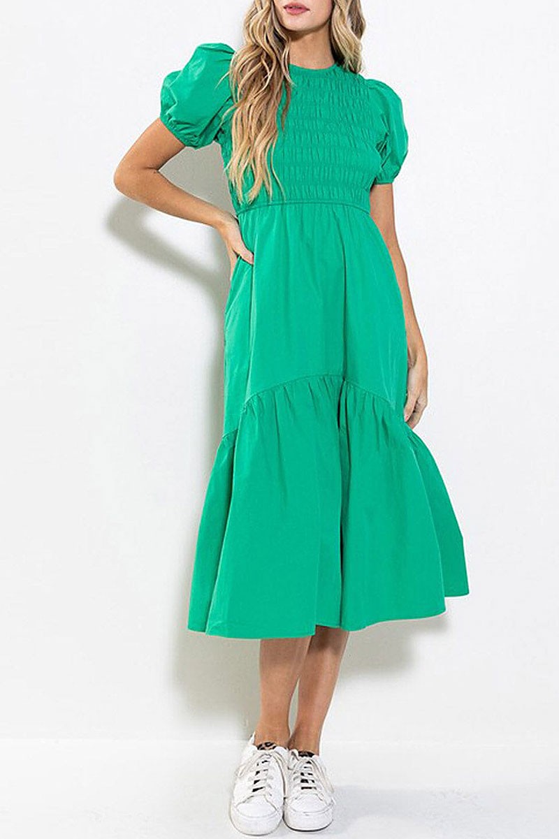 Short puff sleeve smock pockets tiered maxi dress (RVWT6943)