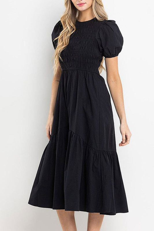 Short puff sleeve smock pockets tiered maxi dress (RVWT6943)