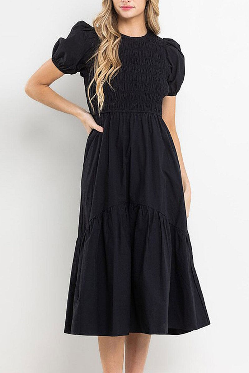 Short puff sleeve smock pockets tiered maxi dress (RVWT6943)