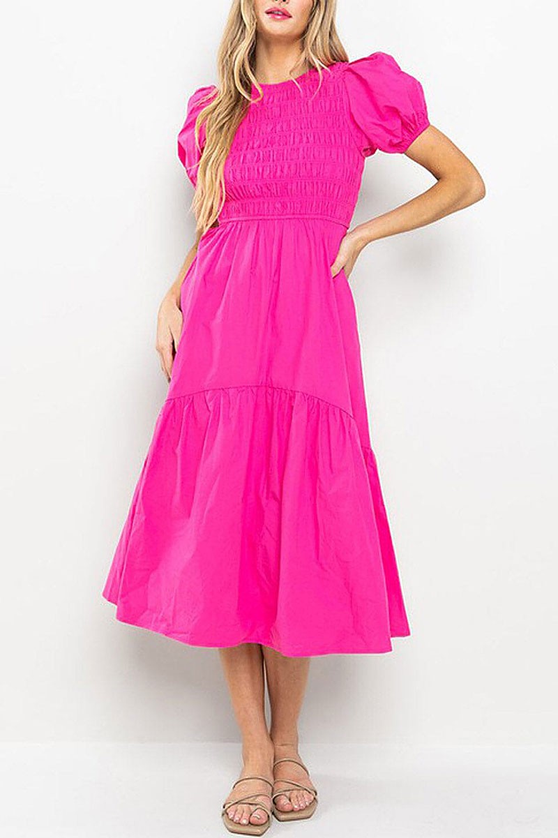 Short puff sleeve smock pockets tiered maxi dress (RVWT6943)