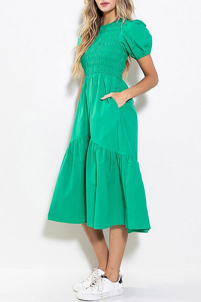 Short puff sleeve smock pockets tiered maxi dress (RVWT6943)