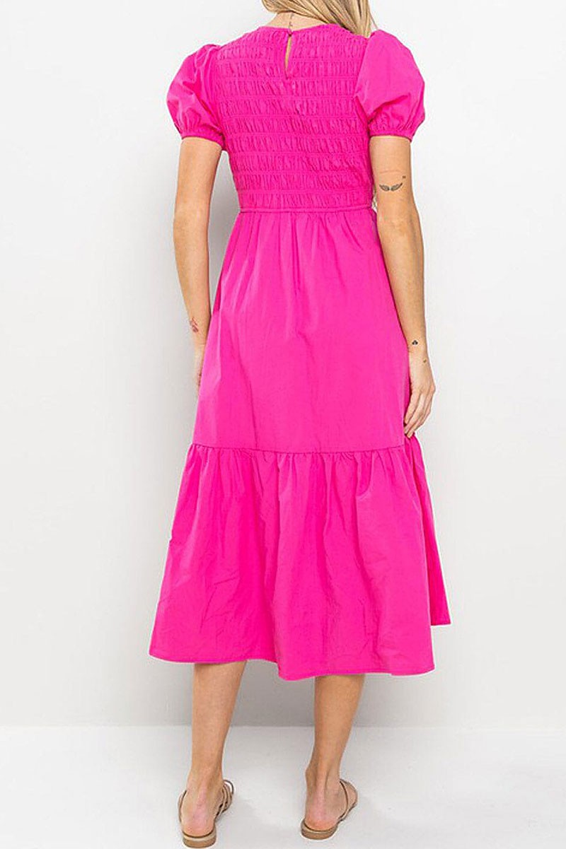 Short puff sleeve smock pockets tiered maxi dress (RVWT6943)