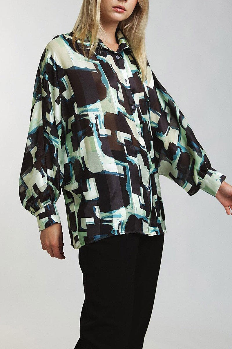 Long sleeve button closure printed blouse top (RVWT6950)