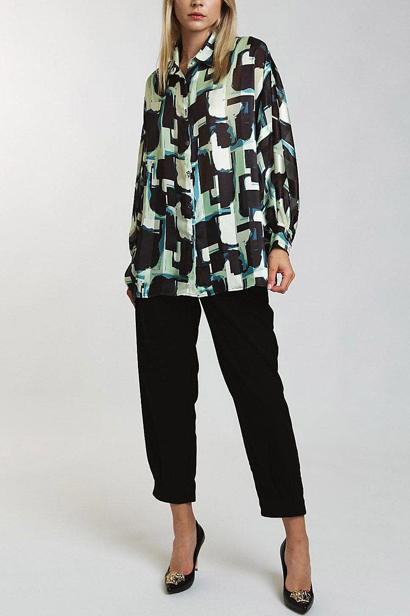 Long sleeve button closure printed blouse top (RVWT6950)