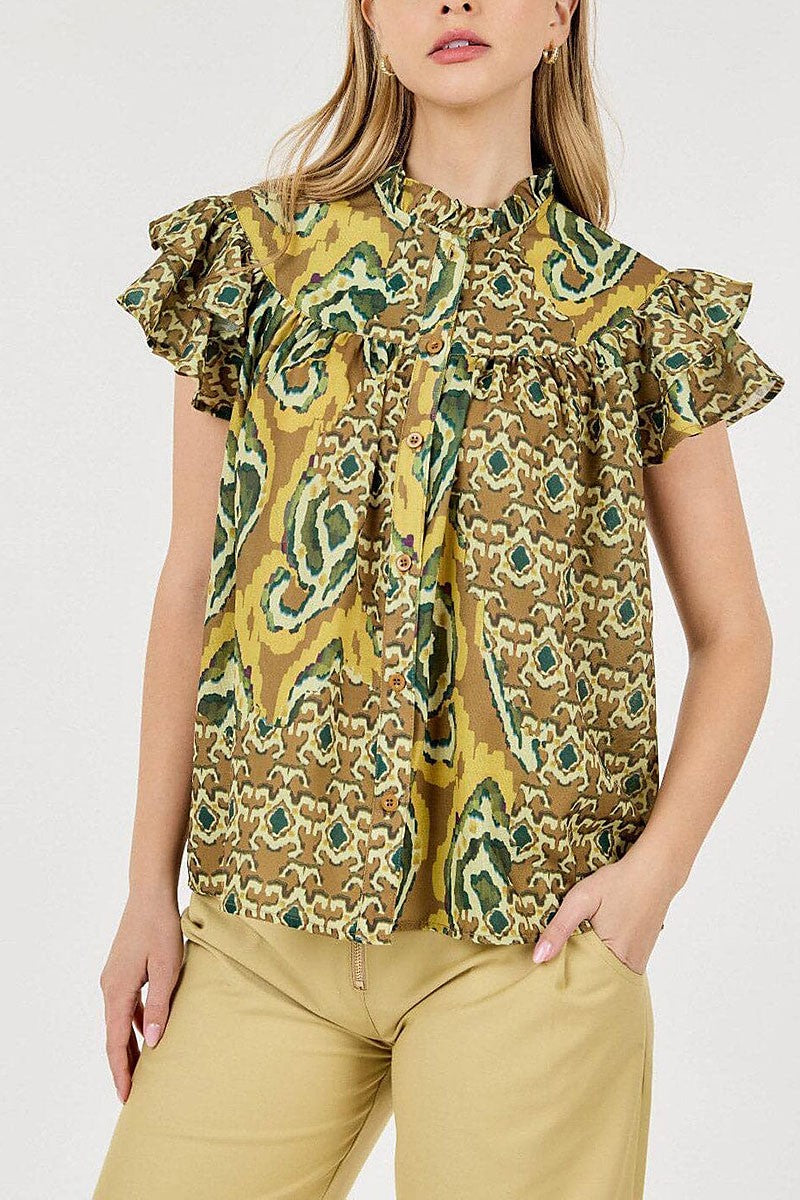 Ruffle sleeve button closure multi print blouse (RVWT6953)