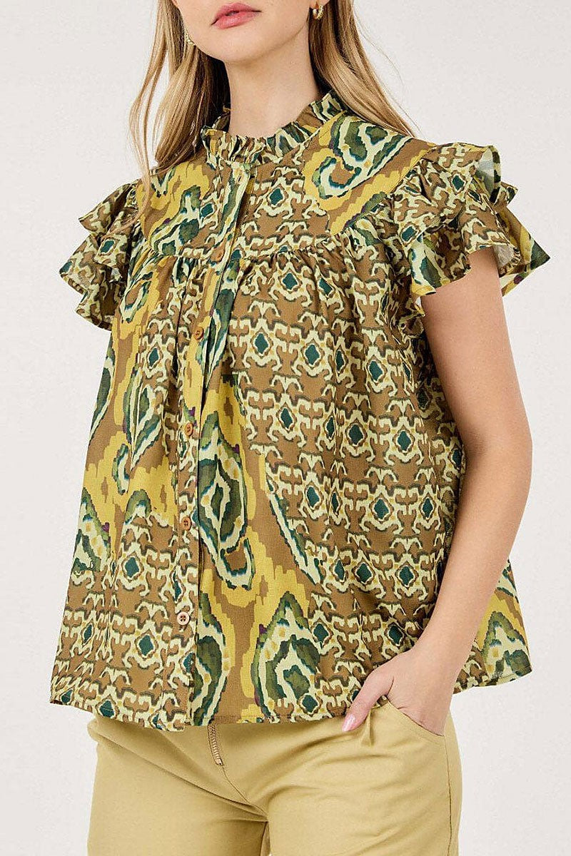 Ruffle sleeve button closure multi print blouse (RVWT6953)