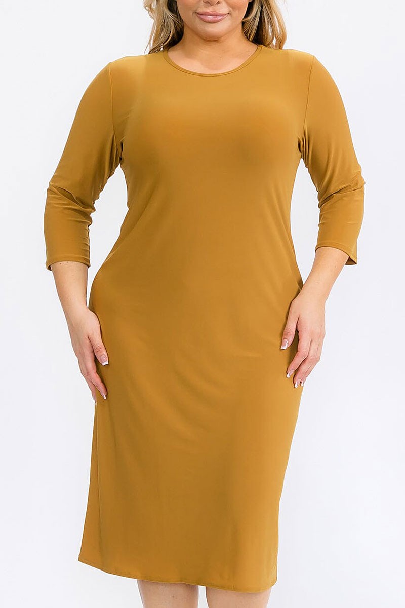 3/4 sleeves solid midi dress (RVWT6946)