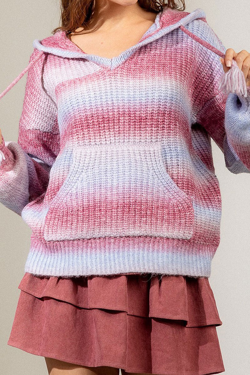 Multi color ombre knit hoodie sweater with pocket (RSS6907)