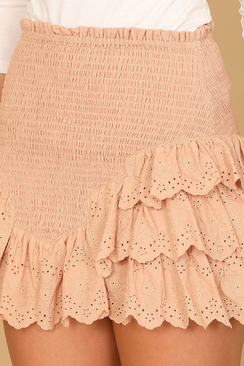 Smocked waist eyelet detail ruffle mini skirt (RSB3965)