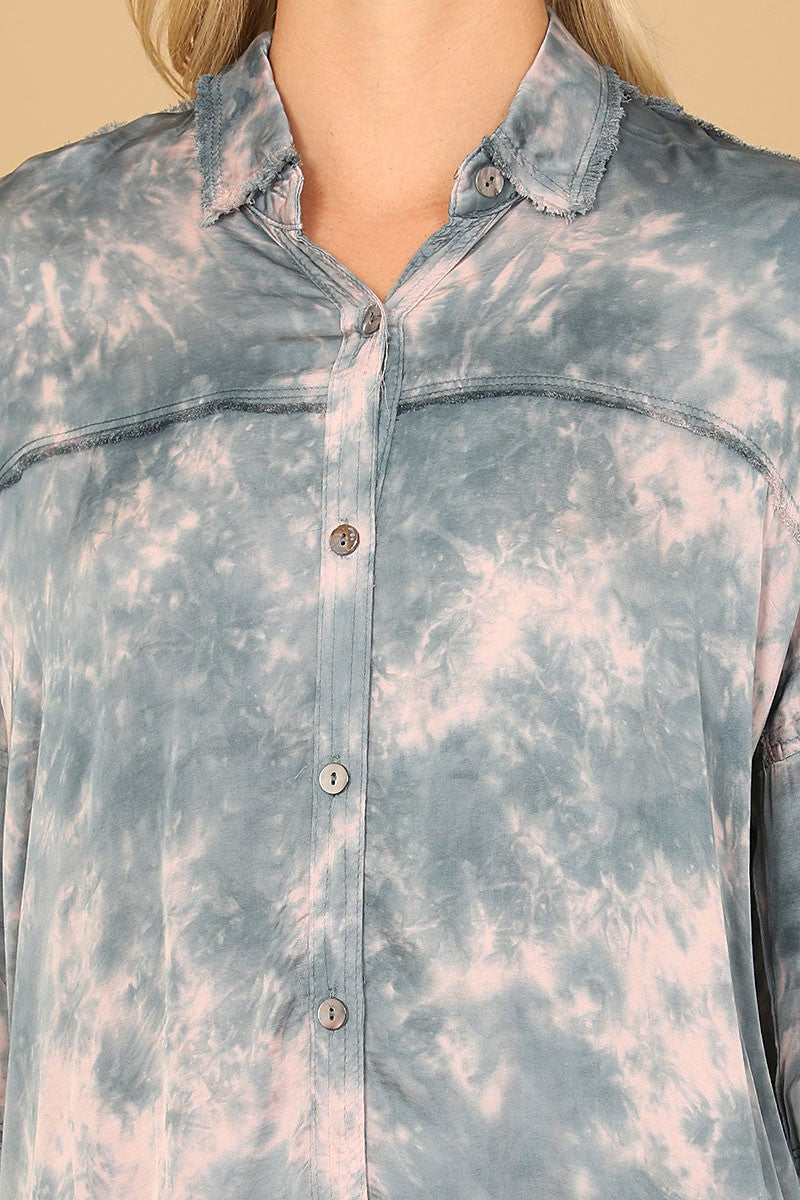 Tie dye long sleeve collared button down top (RT8457)