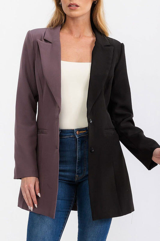 Button closure front pockets colorblock blazer (RVWT6985)