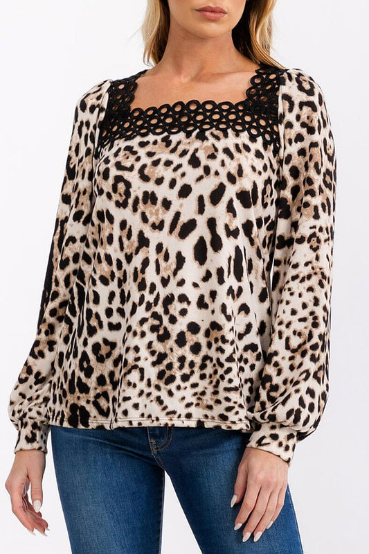 Square neck detailed animal print blouse top (RVWT6990)