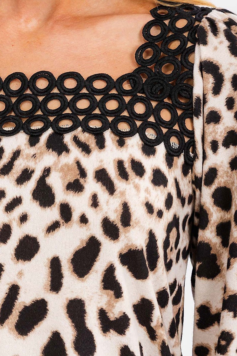 Square neck detailed animal print blouse top (RVWT6990)